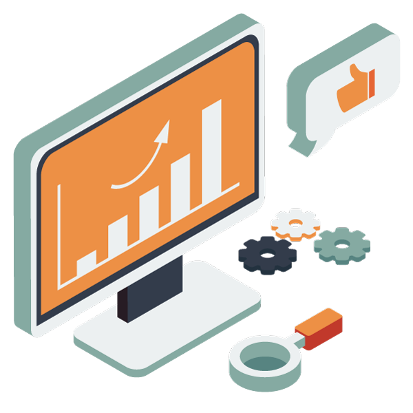 Illustration Bildschrim mit Balkendiagramm, Zahnräder, Lupe, Sprechblase