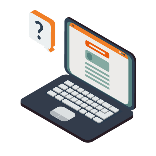 Illustration Laptop, Sprechblase mit Fragezeichen